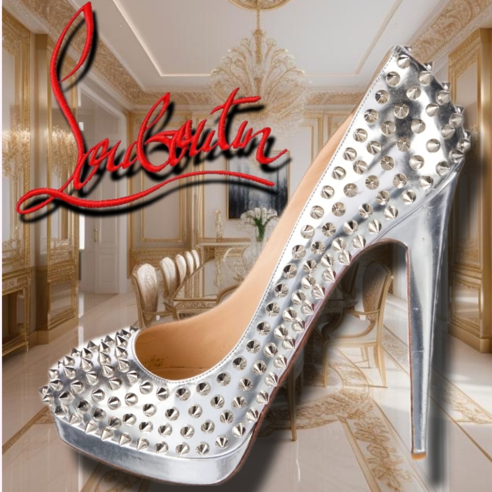 ⭐️Christian Loboutin Silver Spiked Peep-Toe Platform Runway Heels - Picture 3 of 11